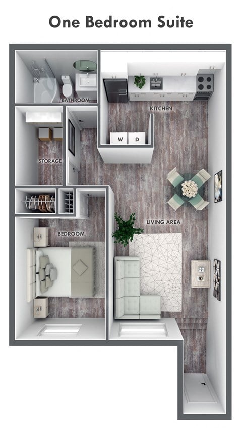 Floor plan for 1 bed, 1 bath, 559 sqft